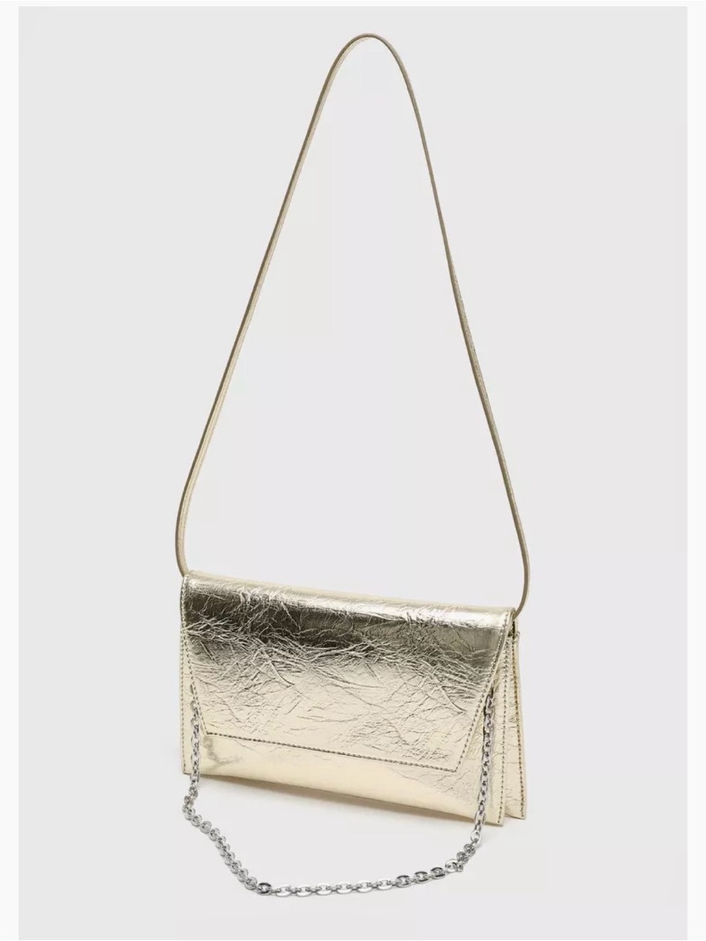 Zara Metallic Gold embossed flap bag  with Chain and long shoulder strap. NWT